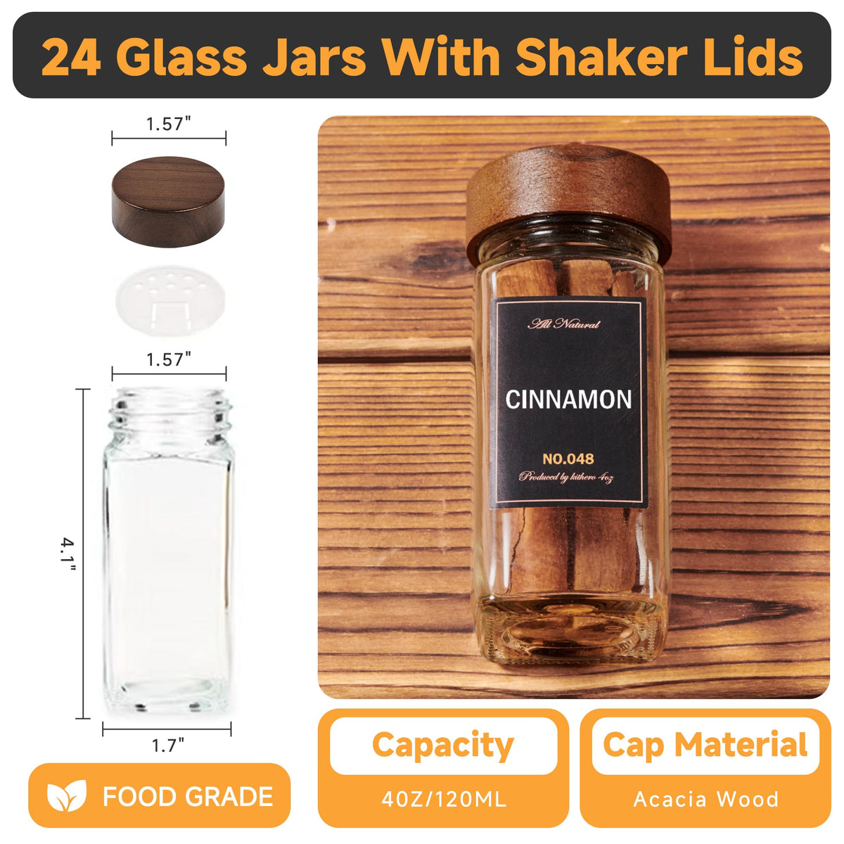 KitHero 24 glass jars with four ounce capacity and clear visibility for quick spice selection.