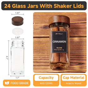 KitHero 24 glass jars with four ounce capacity and clear visibility for quick spice selection.