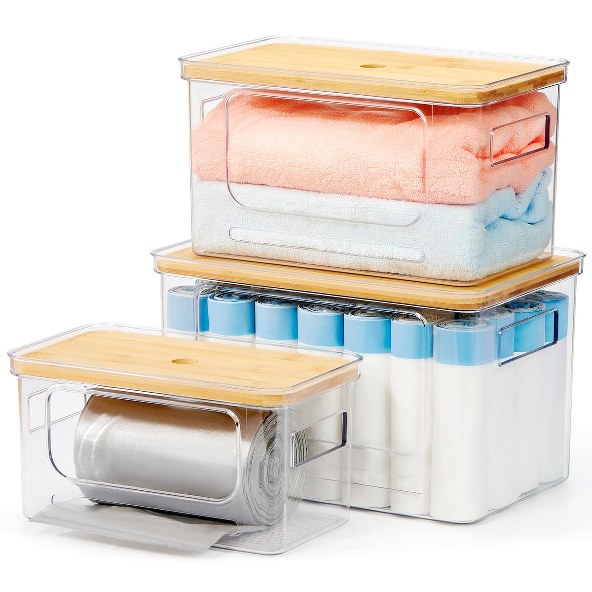 KitHero 3-pack trash bag holder front view for quick access.