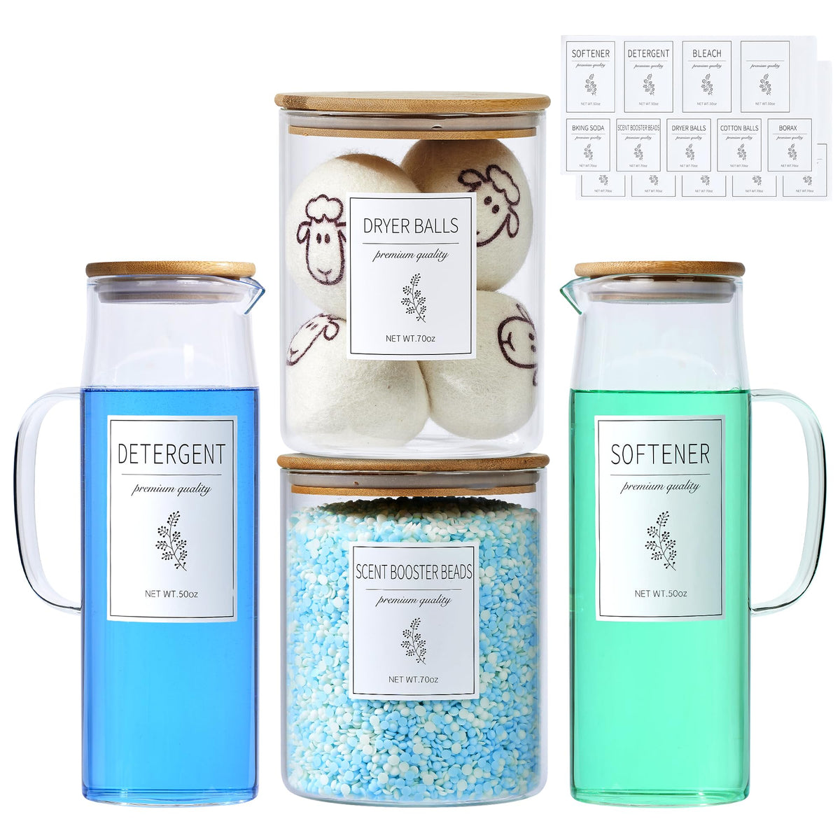 KitHero glass laundry dispenser 70oz wide-mouth jars for bulk laundry storage.