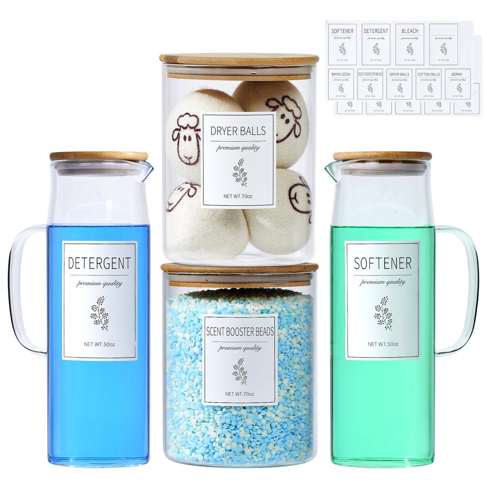 KitHero glass laundry dispenser 70oz wide-mouth jars for bulk laundry storage.
