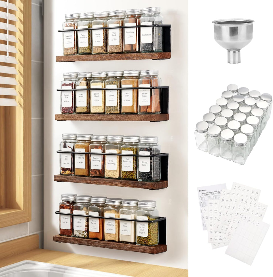 KitHero magnetic spice rack on fridge keeps jars within reach.