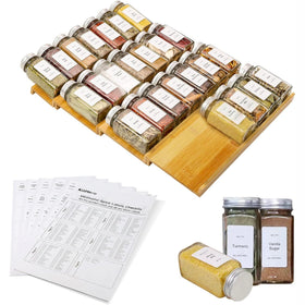 KitHero spice drawer organizer with 28 labeled jars for quick access
