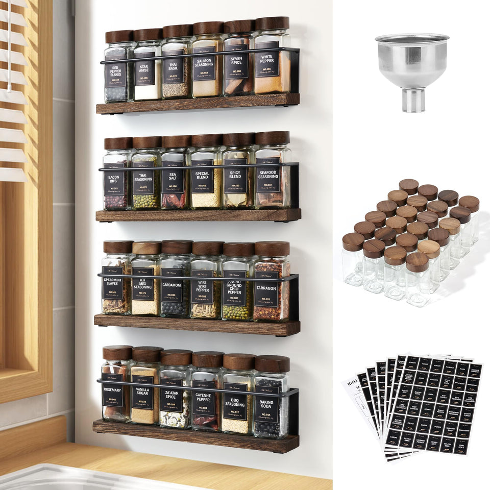 KitHero wooden lid magnetic spice rack neatly assembled on fridge door, keeping spices organized and accessible.