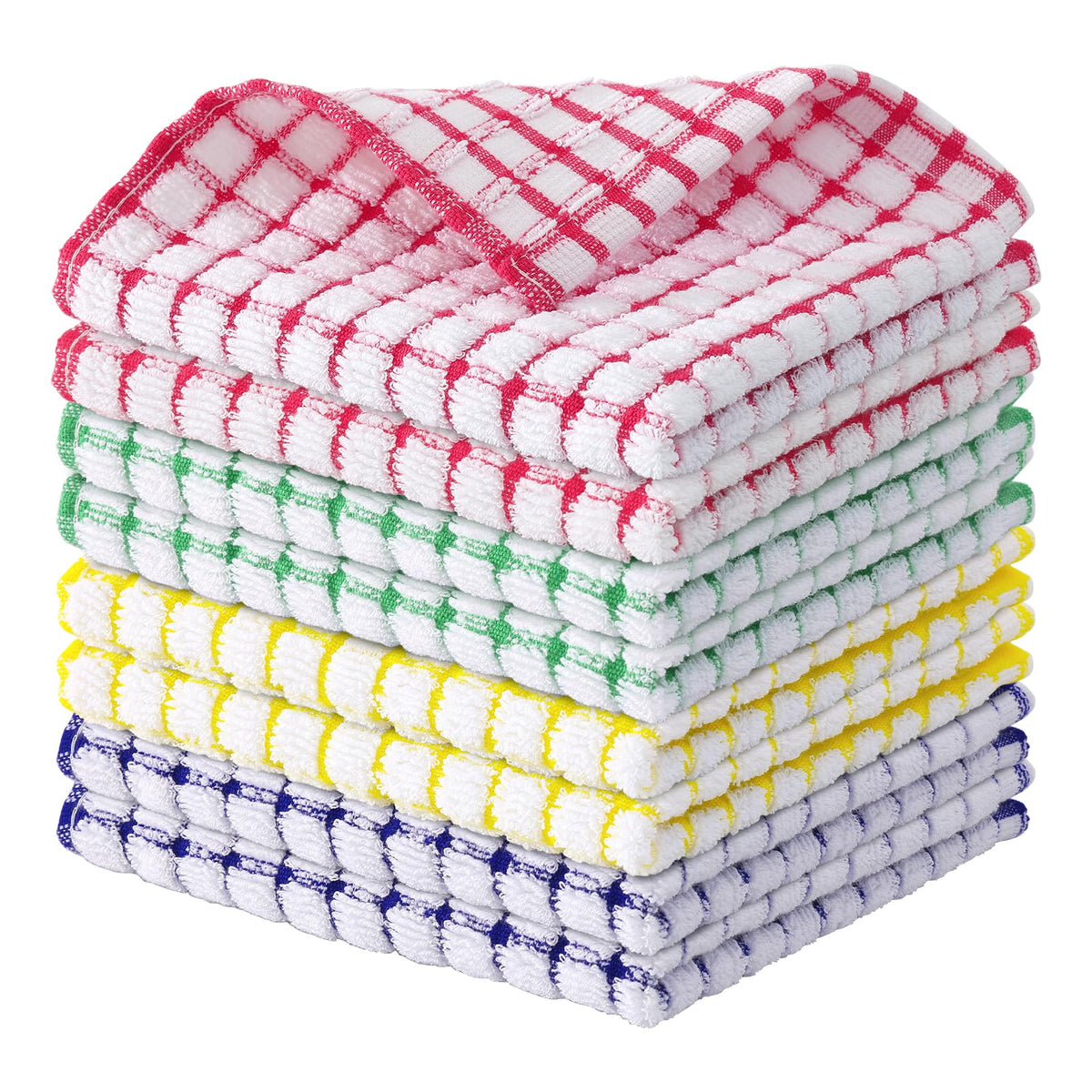 Kitinjoy cotton dishcloths, 12x12 inches, 8-pack, absorbent plaid weave for everyday cleaning.