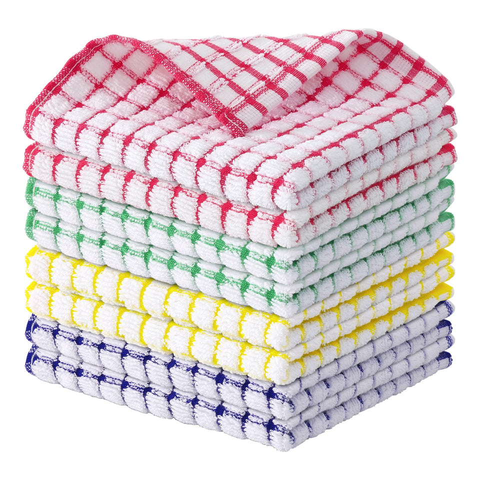 Kitinjoy cotton dishcloths, 12x12 inches, 8-pack, absorbent plaid weave for everyday cleaning.