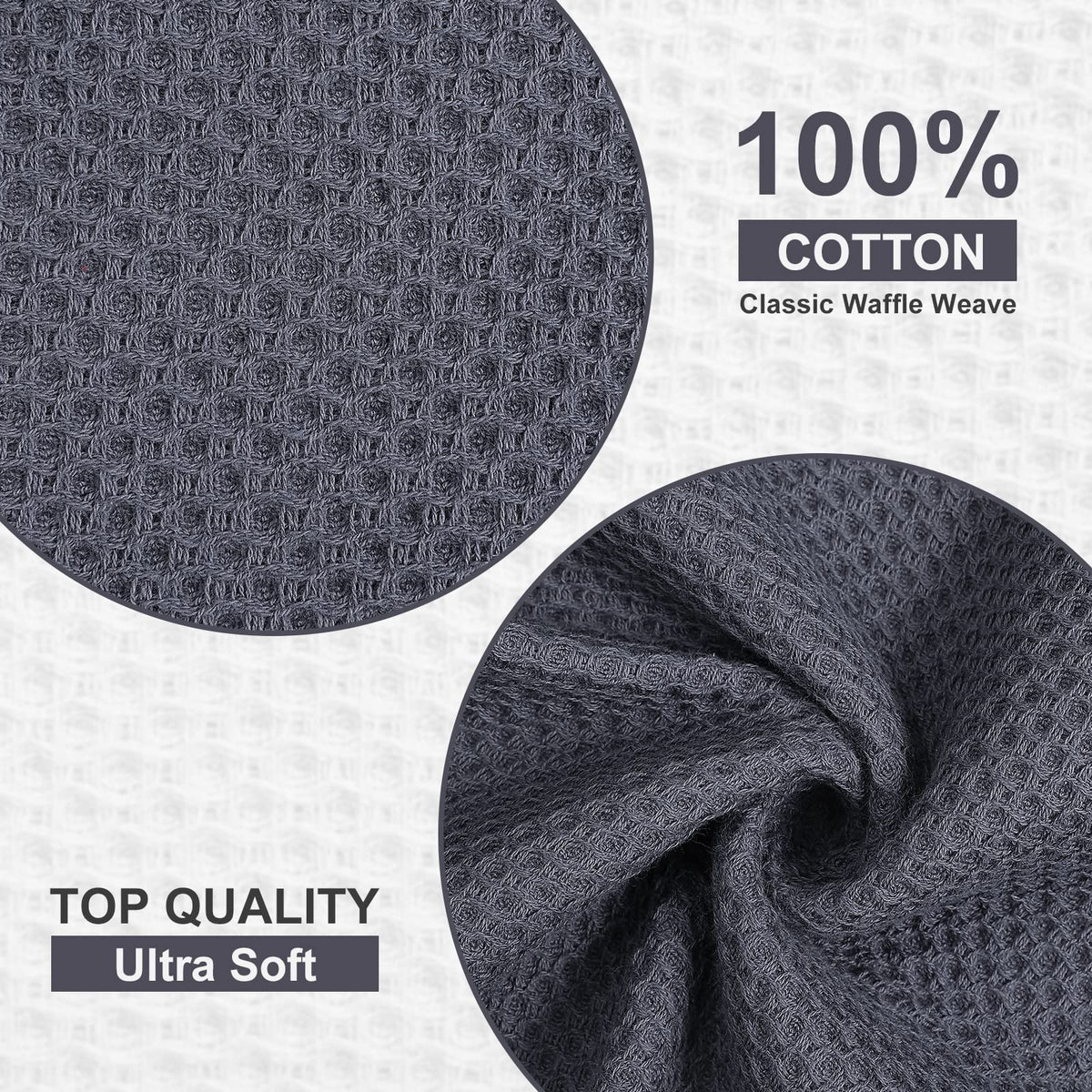Kitinjoy waffle weave dish towels showing ultra-soft, highly absorbent texture.