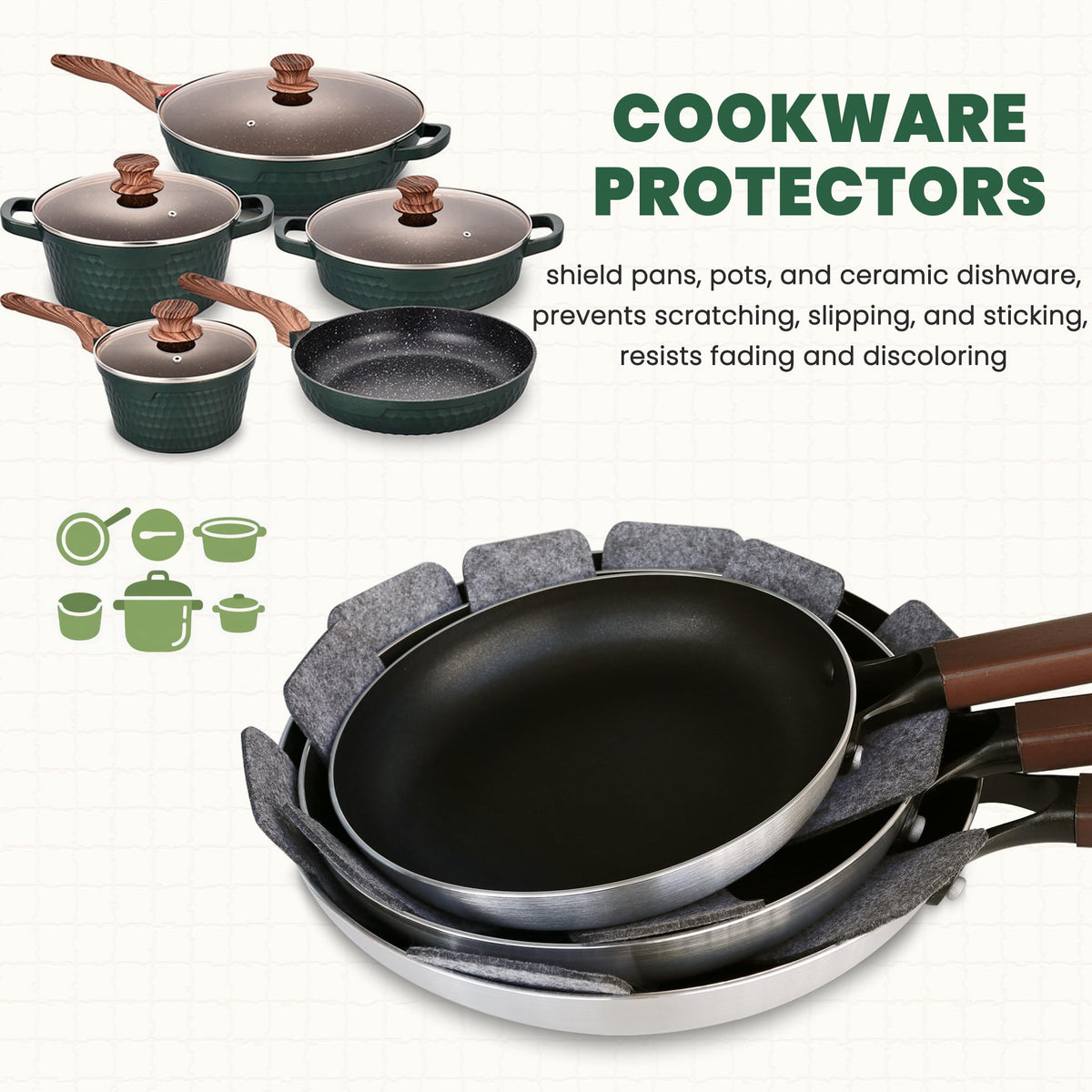 KITLAB stackable protectors in four sizes neatly separate pots and pans for easy stacking
