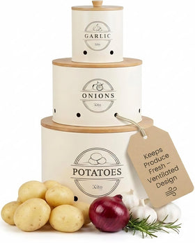 Kito LIVING potato canister with wood lid on a countertop