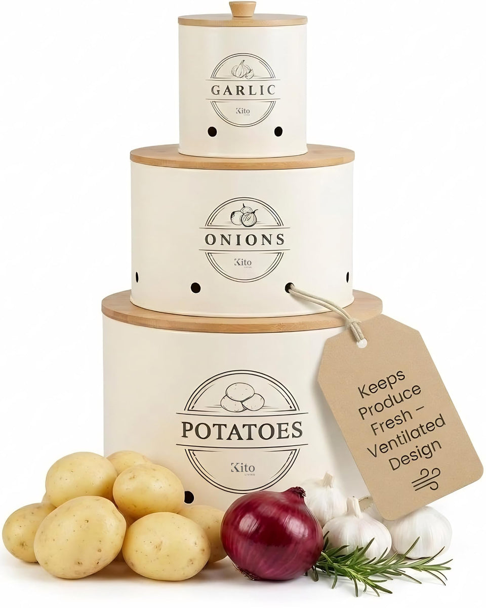 Kito LIVING potato canister with wood lid on a countertop