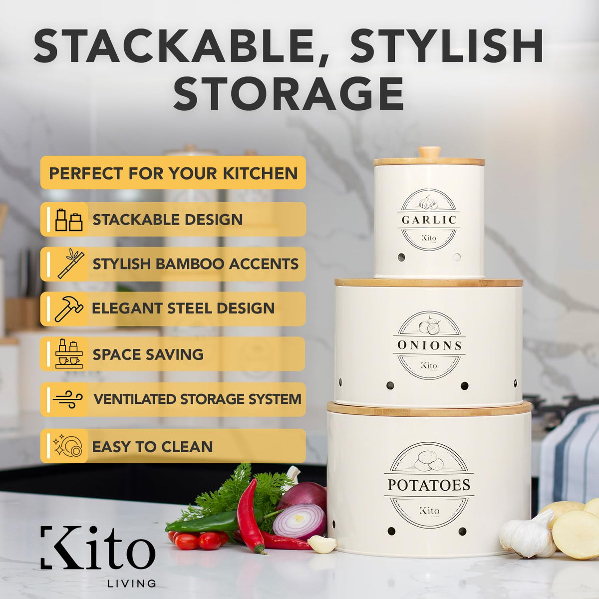 Kito LIVING stackable cream canisters set on kitchen counter