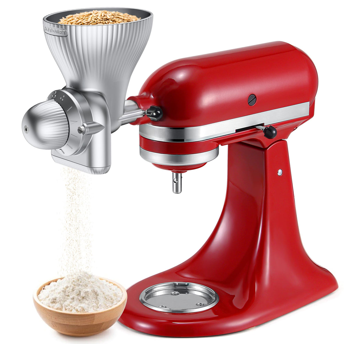 KITOART all-metal grain mill attachment mounted on a KitchenAid mixer for durable grinding.