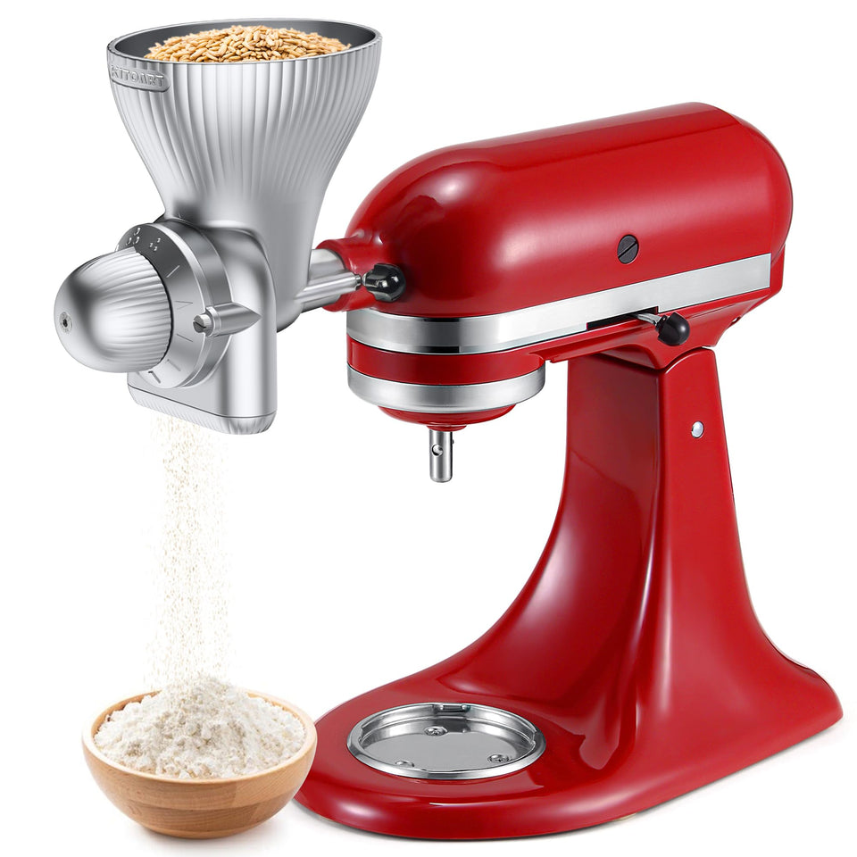 KITOART all-metal grain mill attachment mounted on a KitchenAid mixer for durable grinding.