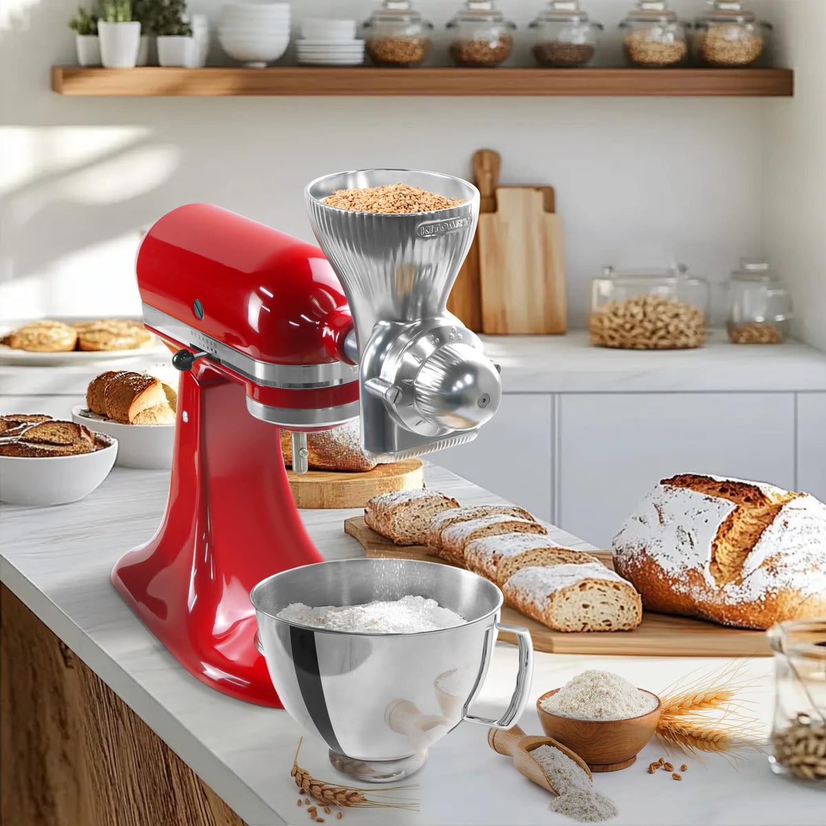 KITOART cleaning brush included with grain mill attachment for efficient after-use cleanup.