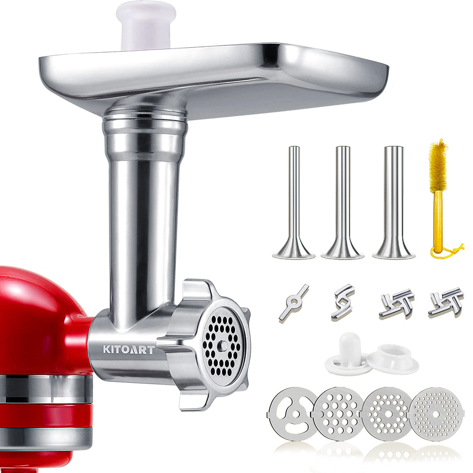 KITOART stainless steel meat grinder attachment compatible with KitchenAid for versatile grinding.
