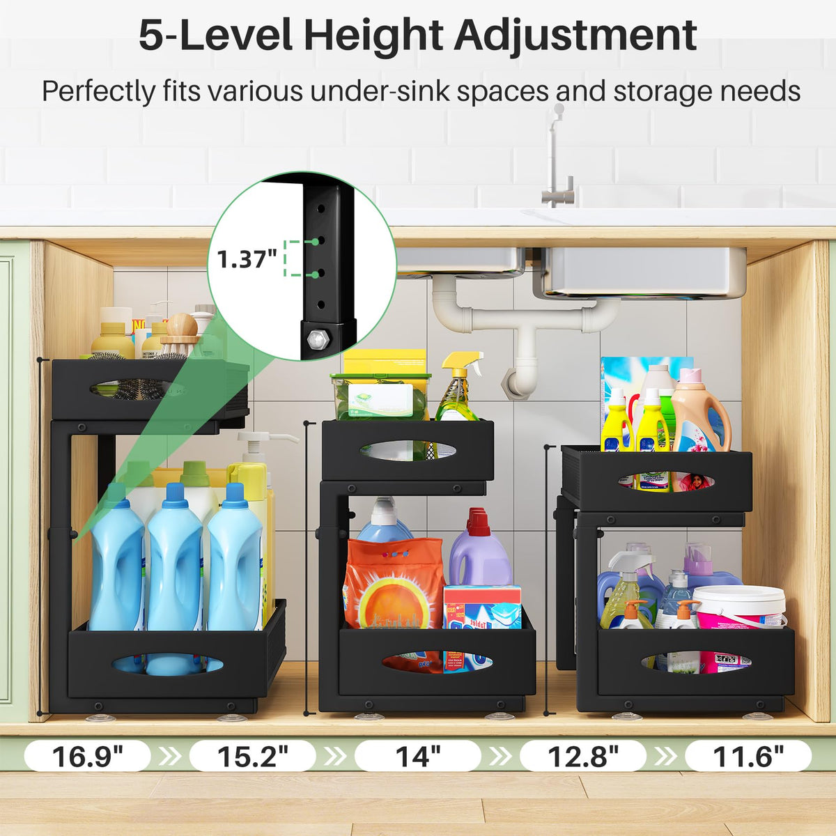 Kitstorack adjustable-height under-sink rack fits various cabinet sizes