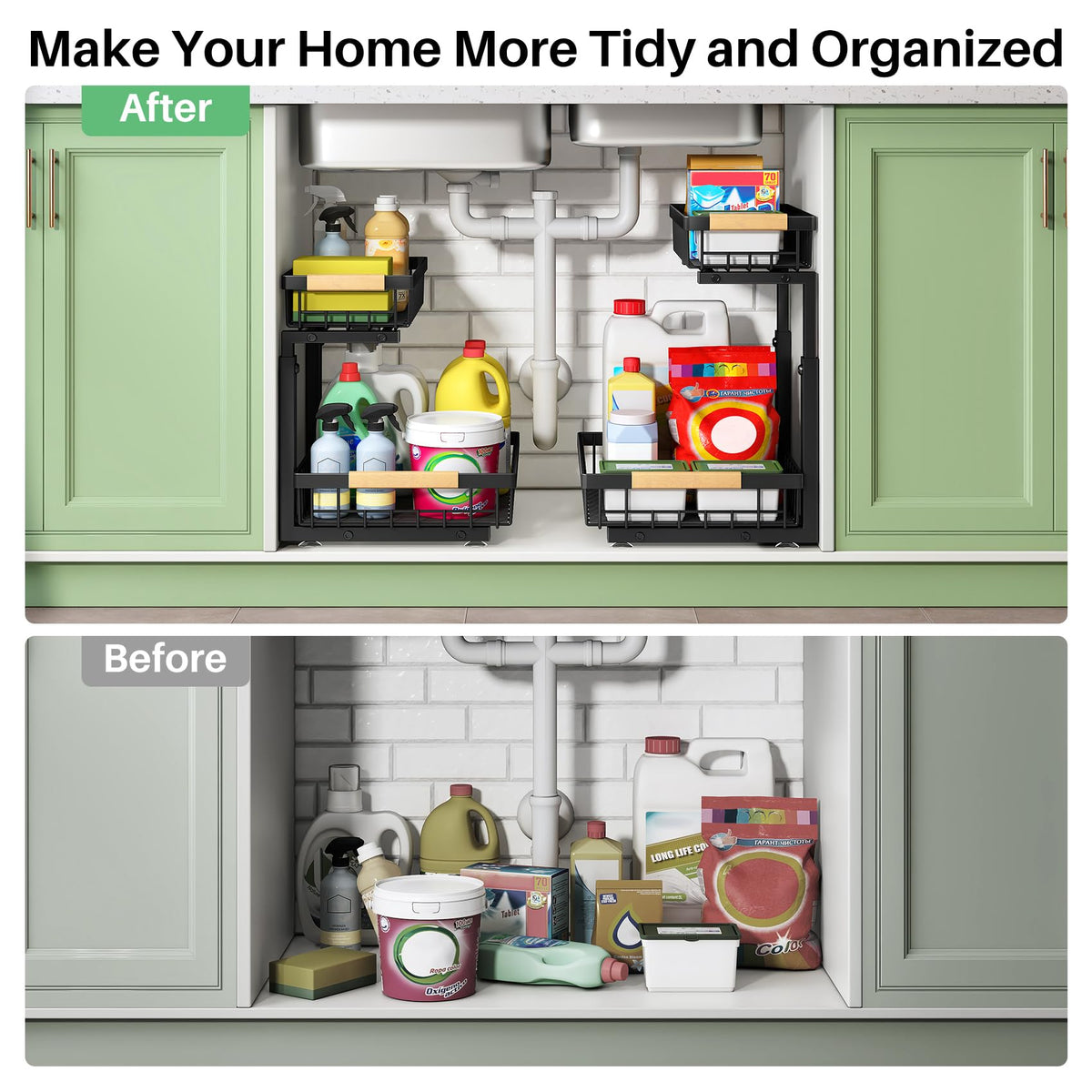 Kitstorack black finish blends with kitchen bathroom and pantry spaces