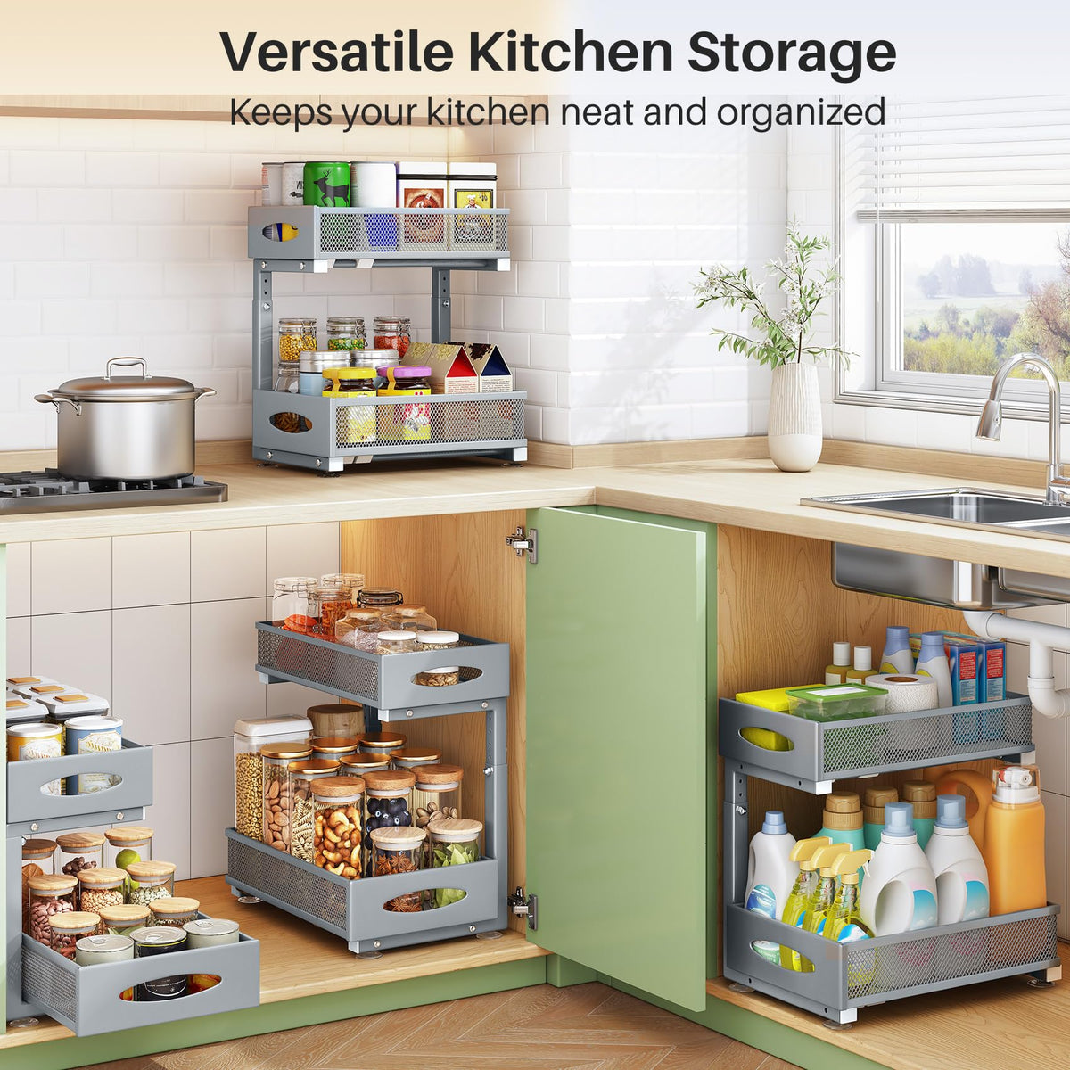 Kitstorack top and bottom baskets dimensions optimize under-sink layout.
