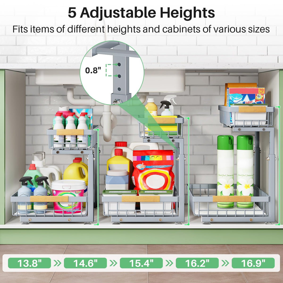 Kitstorack drawer-style shelves improve reach to items at the back.