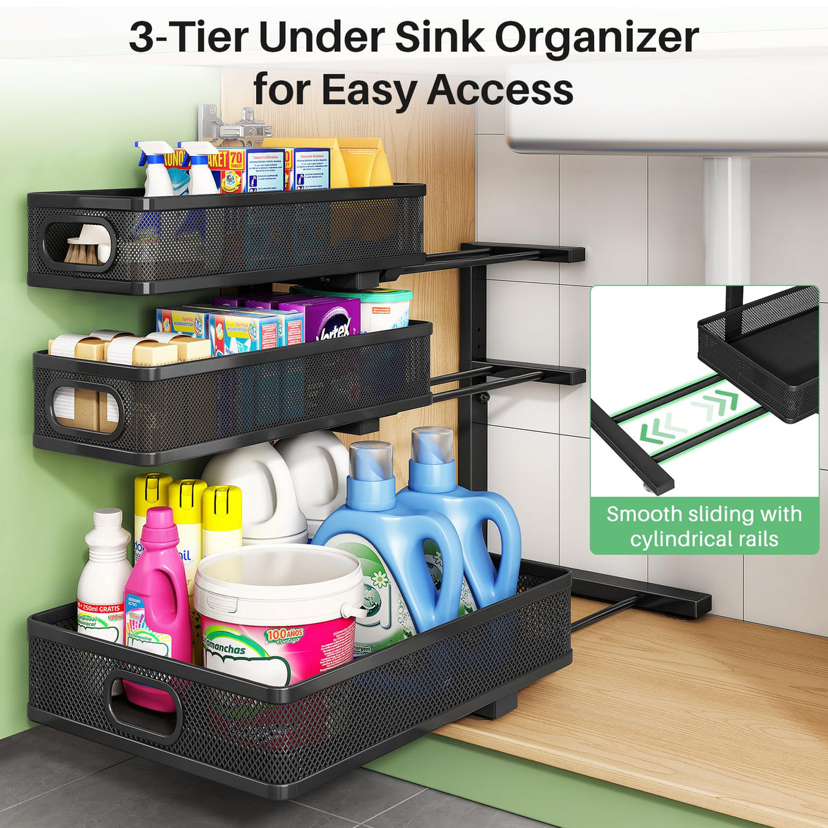 Kitstorack durable under-sink storage for cluttered cabinets and laundry areas.