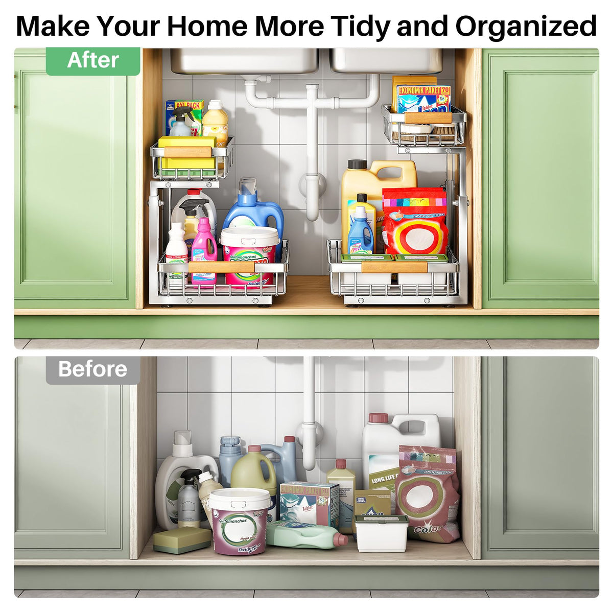 Kitstorack easy-access organization promotes tidier cabinets and faster retrieval.
