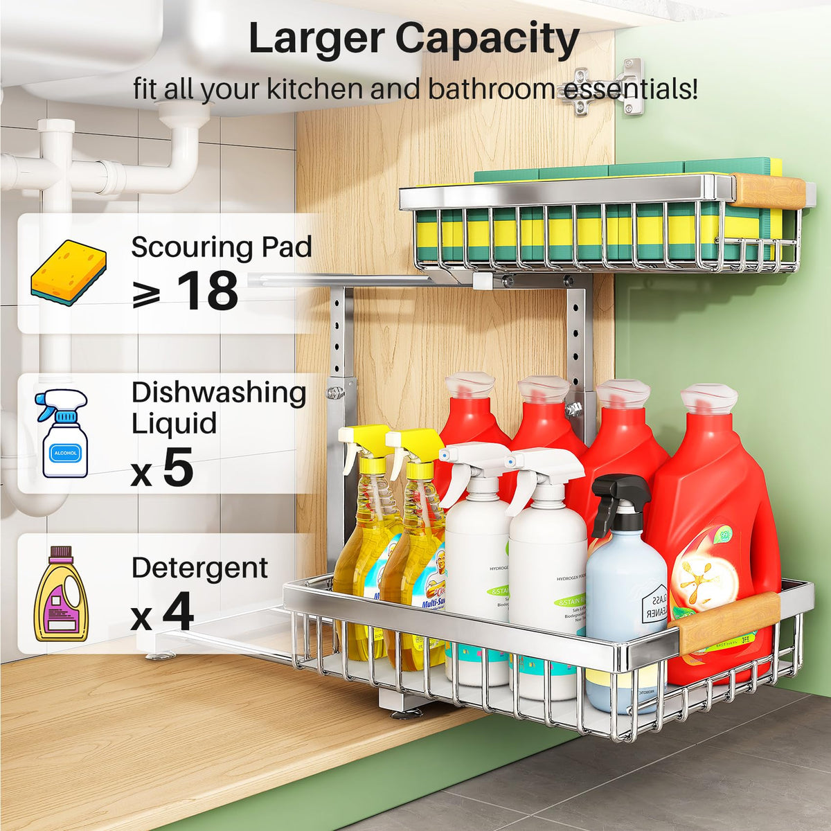 Kitstorack with four suction cups provides stable placement under the sink.