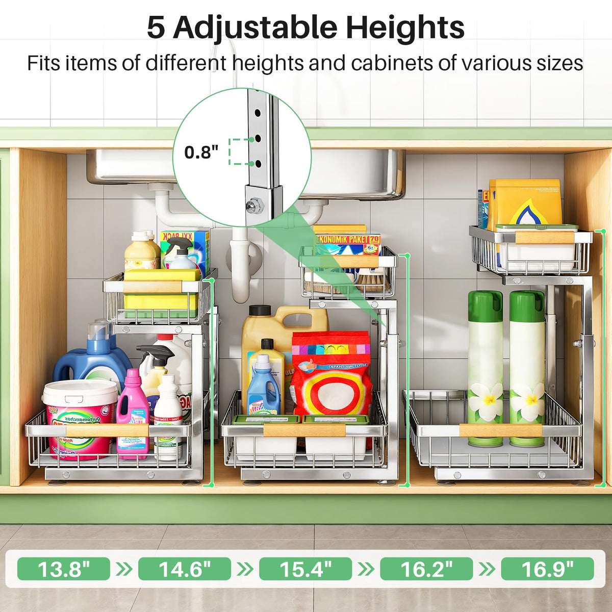 Kitstorack height-adjustable legs adapt to tall bottles and varied storage.