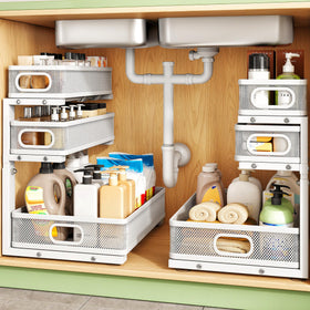 Kitstorack height-adjustable storage adapts to tall bottles and containers.