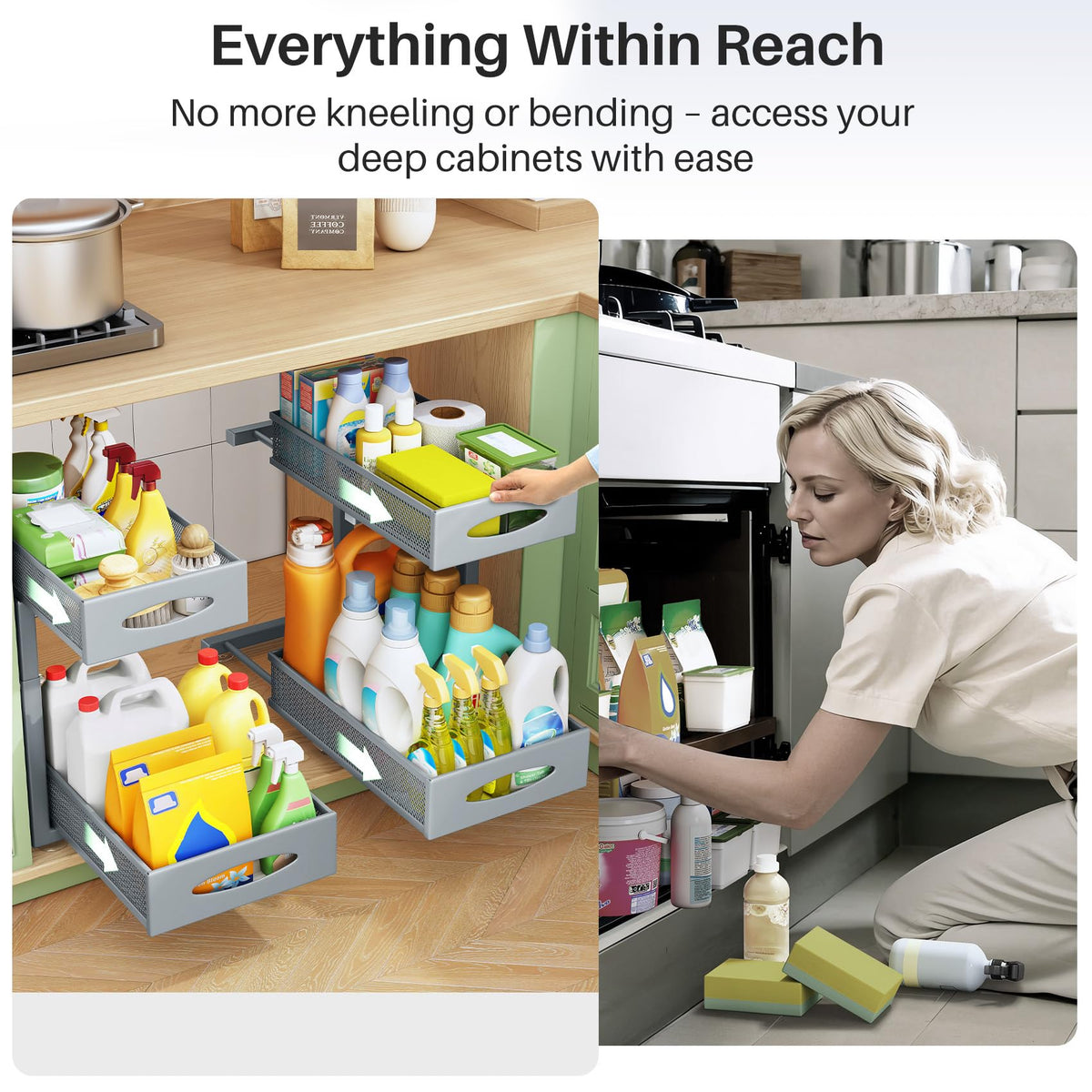 Kitstorack L-shaped design leaves space for plumbing and disposal.