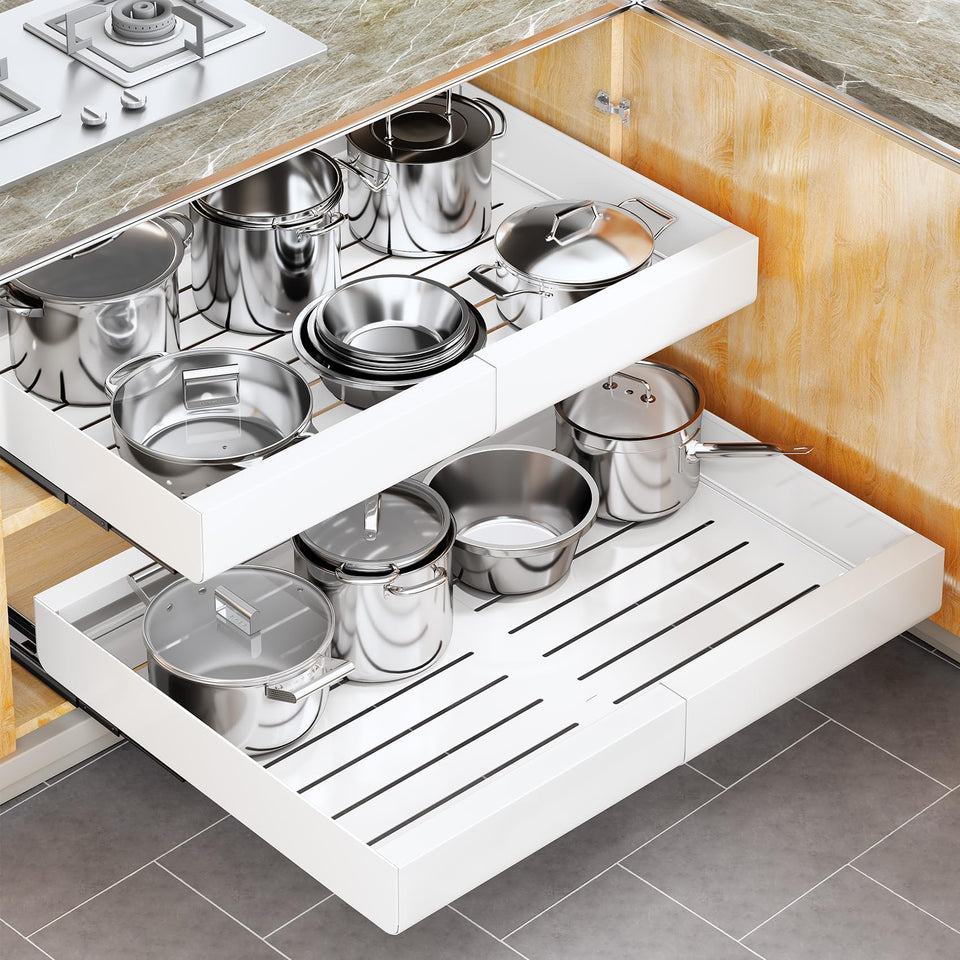 Kitstorack pull-out cabinet organizer in white extends to 14-24 inches for easy reach of pots