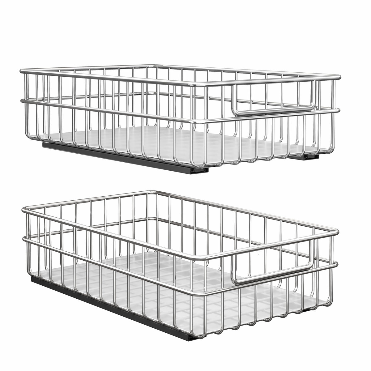 Kitstorack pull-out cabinet organizer in stainless steel, two-pack for clutter-free pantry storage