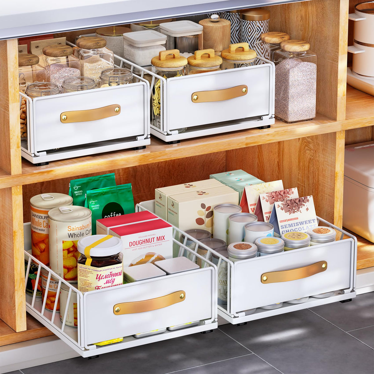 Kitstorack pull-out cabinet organizer in action, revealing easy access to back items.