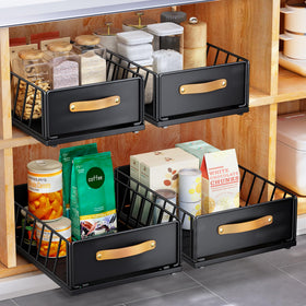 Kitstorack pull-out cabinet organizer showing easy-access storage in deep cabinets