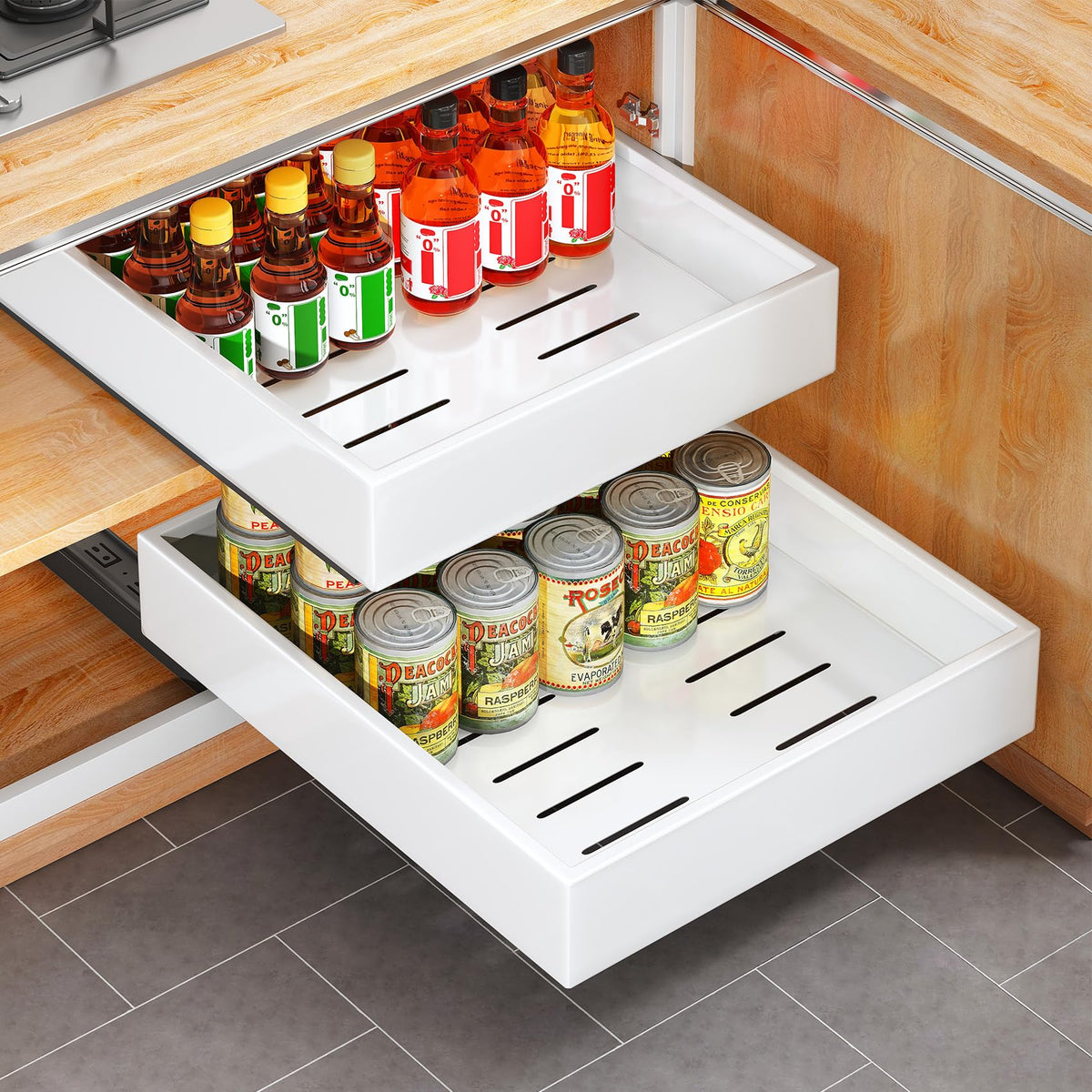 Kitstorack pull-out drawer front view shows easy-access cookware storage