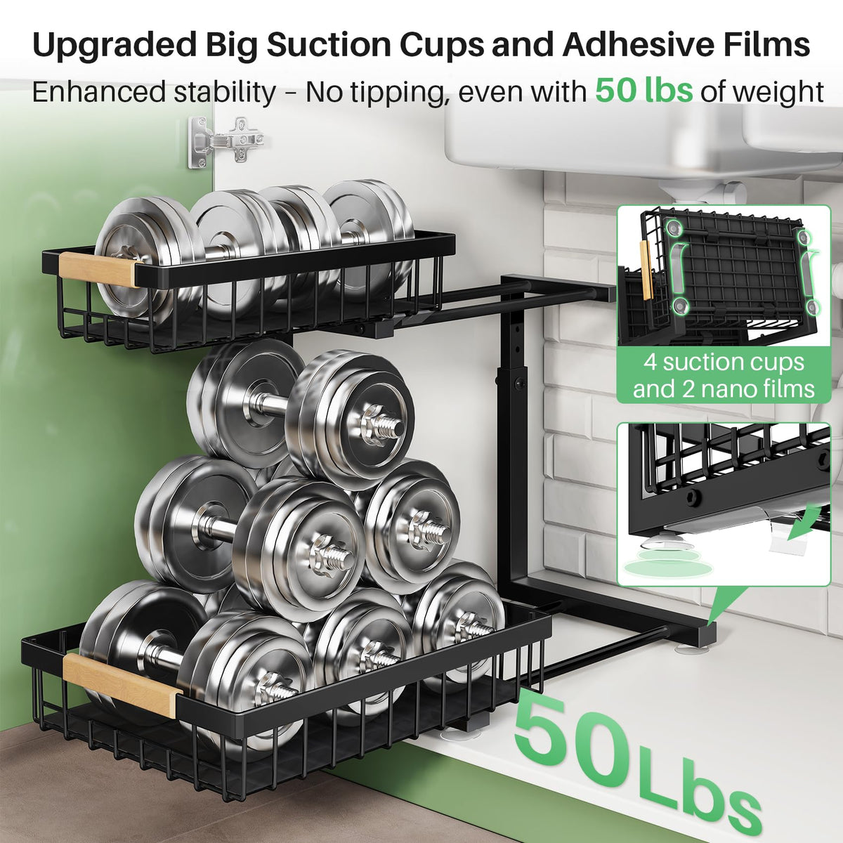 Kitstorack suction cups and nano adhesive provide stable placement in cabinets