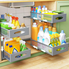 Kitstorack under-sink organizer with 2-tier mesh drawers for easy access.