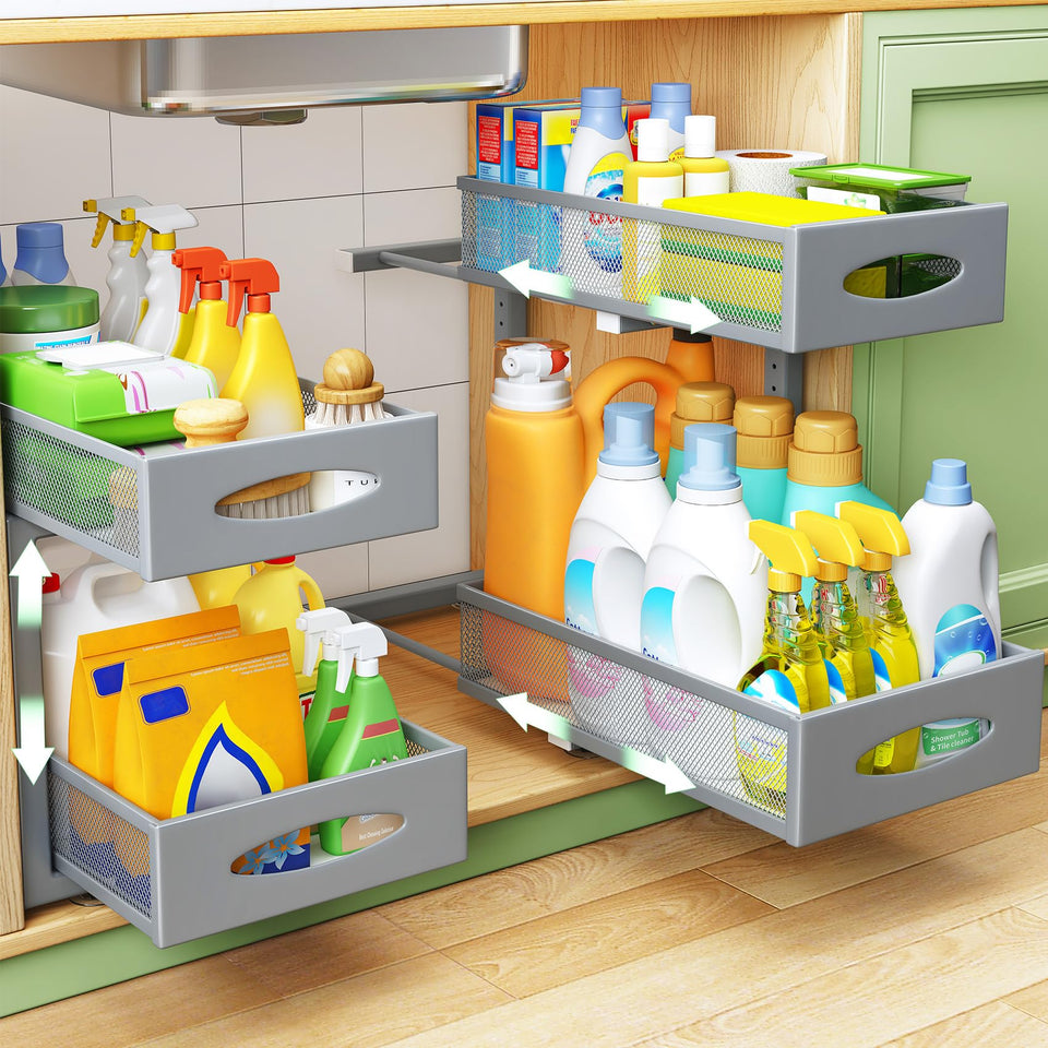Kitstorack under-sink organizer with 2-tier mesh drawers for easy access.