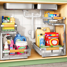 Kitstorack under-sink organizer 2-tier slide-out for easy bottle access.