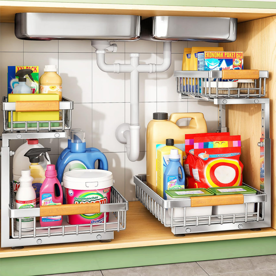 Kitstorack under-sink organizer 2-tier slide-out for easy bottle access.