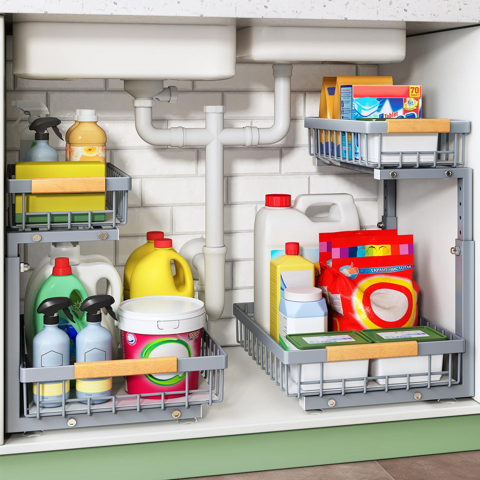 Kitstorack under-sink organizer with two-tier slide-out for easy access.