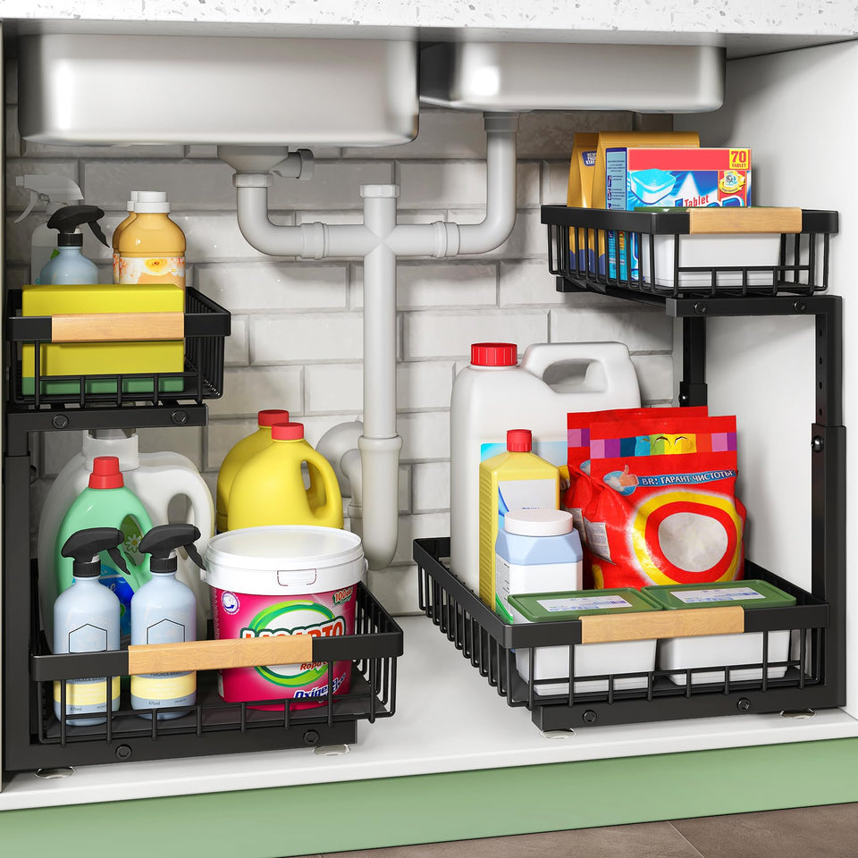 Kitstorack under sink organizer 2-tier keeps bottles neatly organized.