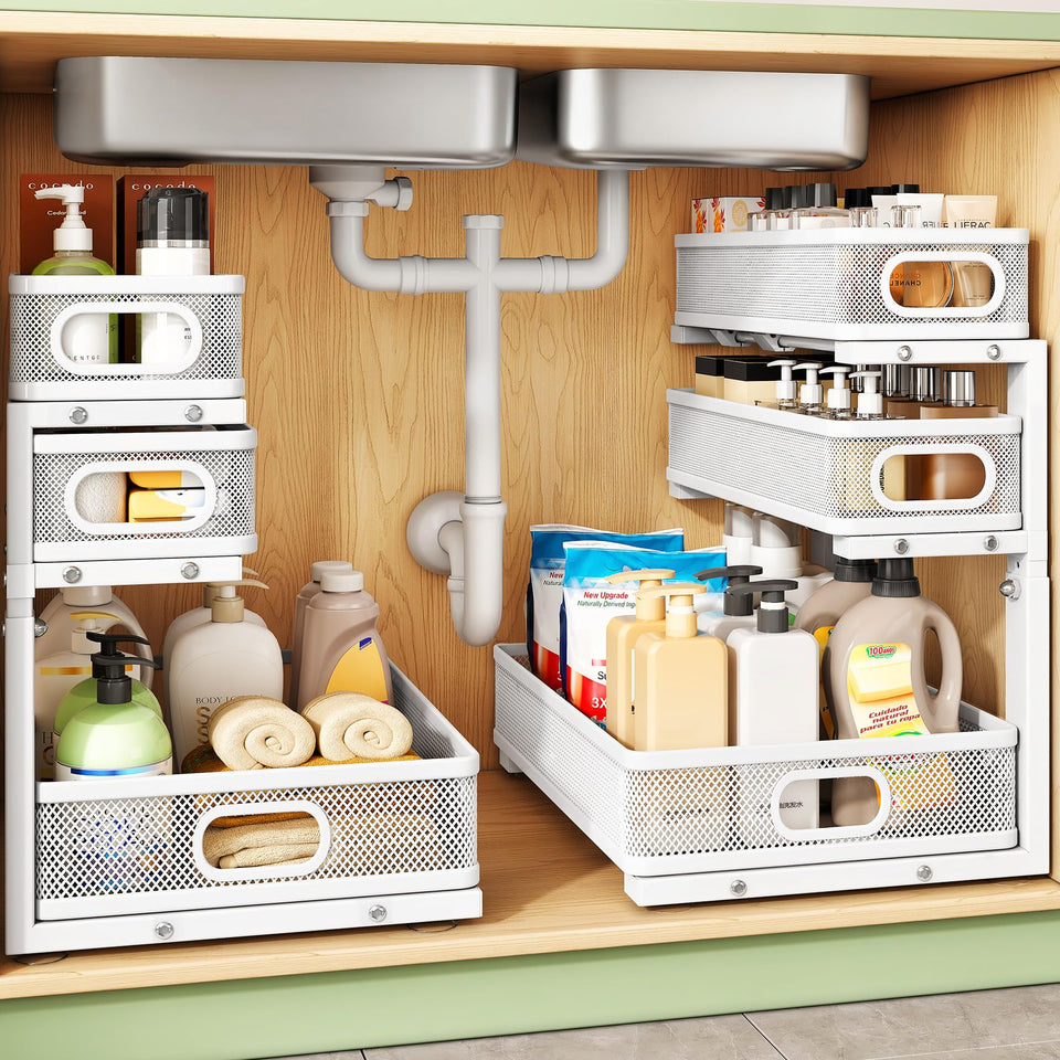 Kitstorack under-sink organizer with 3-tier sliding system for easy back-item access.