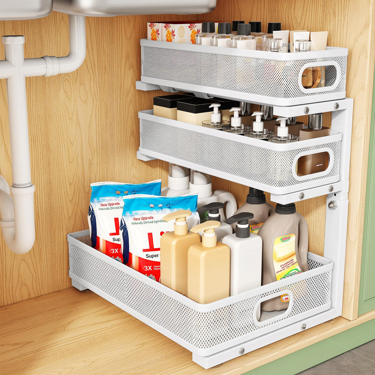 Kitstorack under-sink organizer with 3-tier design maximizes vertical storage.