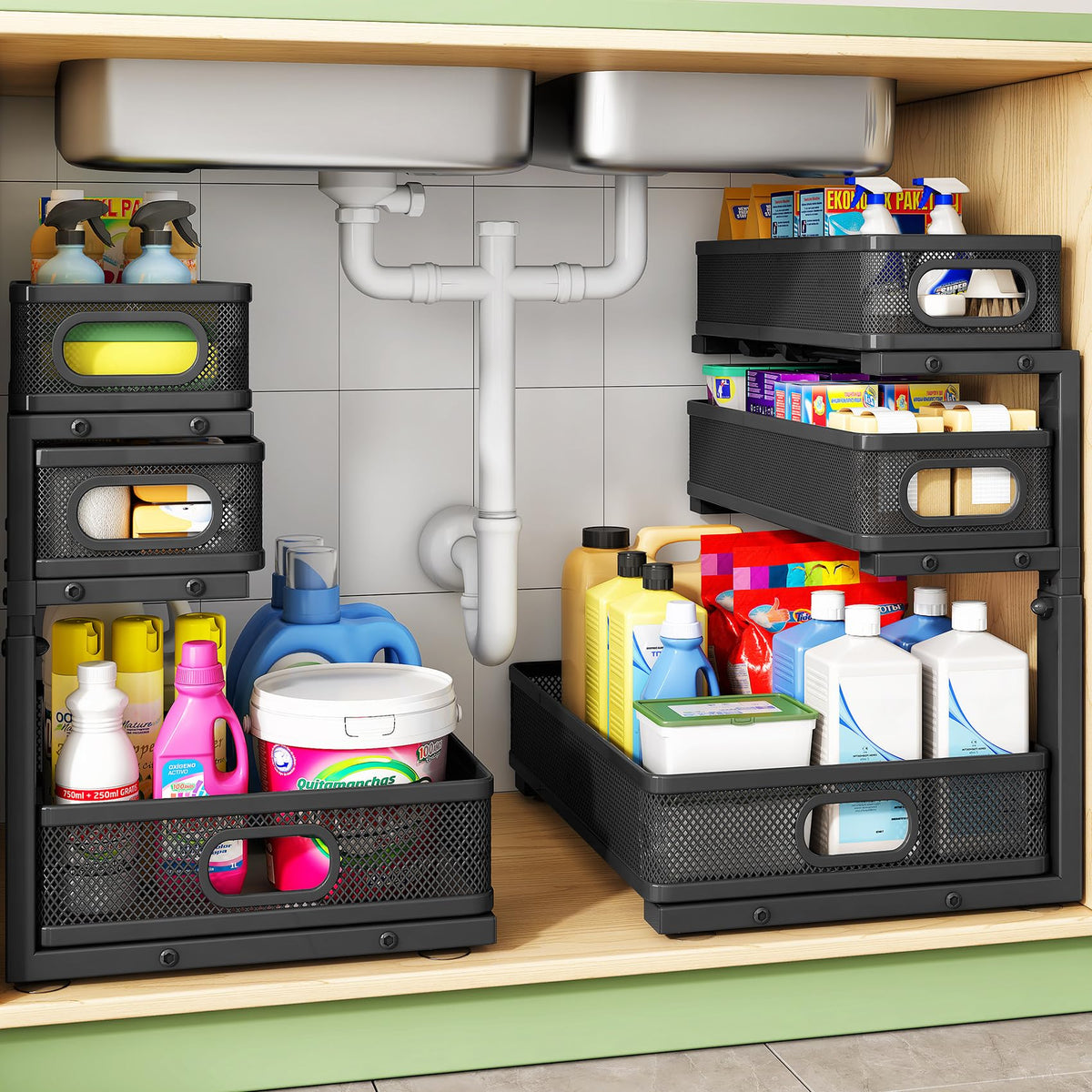 Kitstorack under-sink organizer 3-tier slide enhances access in tight cabinets.