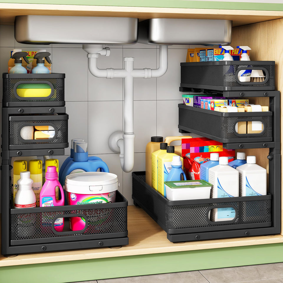 Kitstorack under-sink organizer 3-tier slide enhances access in tight cabinets.