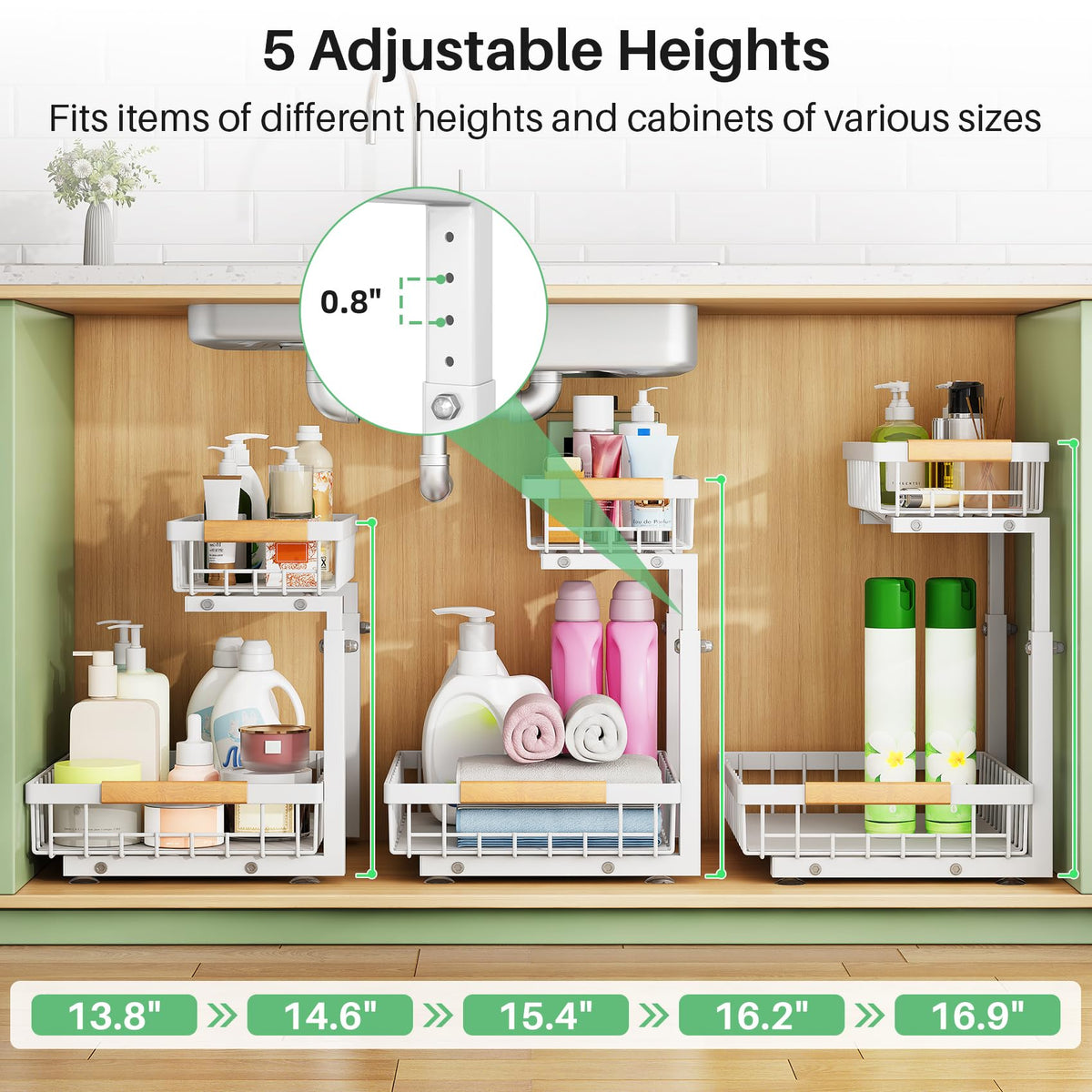 Kitstorack under-sink organizer in kitchen use for cleaning supplies