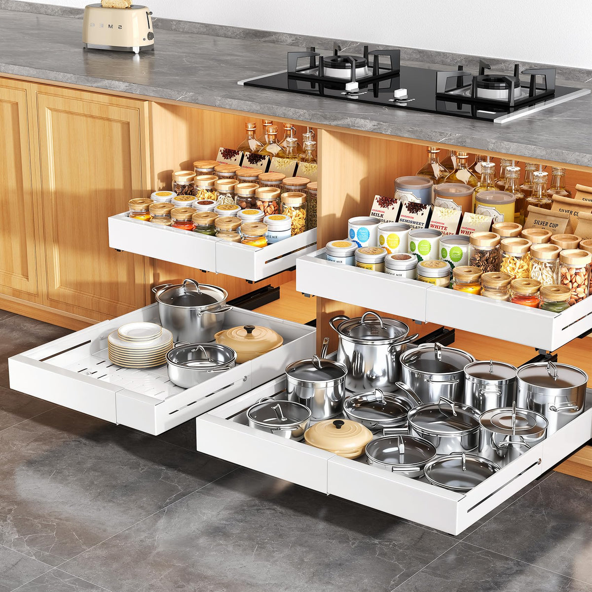 Kitstorack white finish brightens and organizes kitchen space