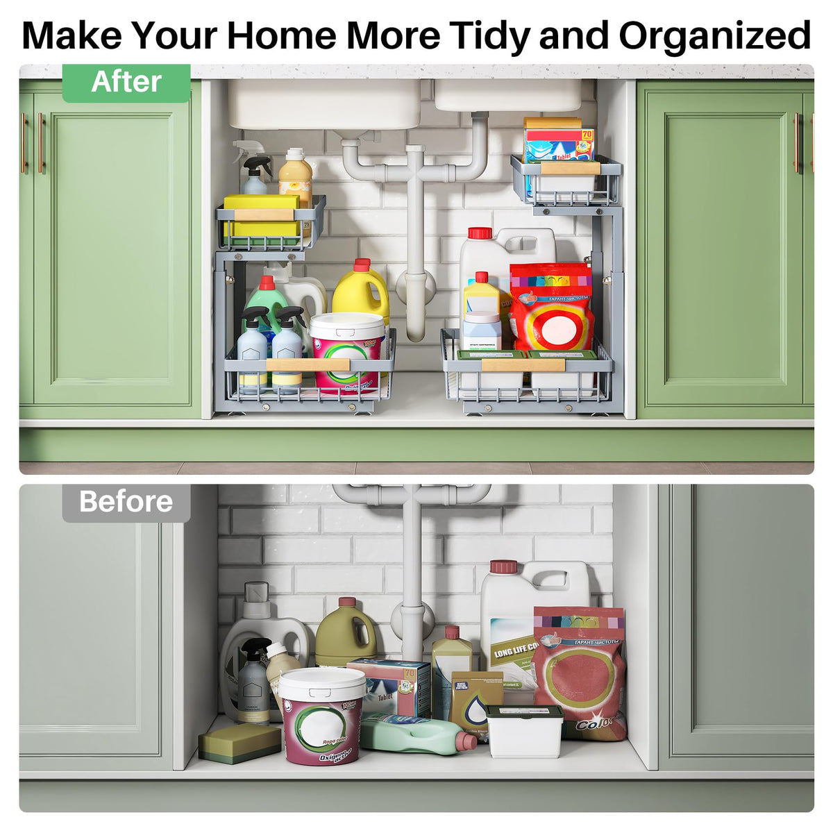 Kitstorack wide-capacity storage fits bulky containers in standard cabinets.