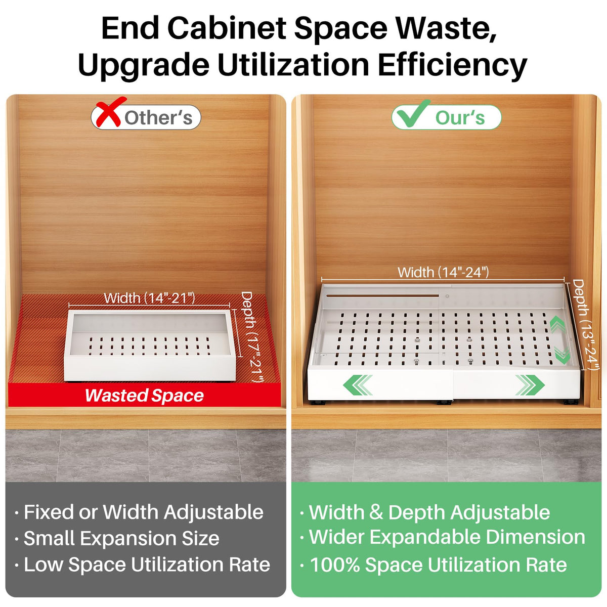 Kitstorack width and depth are adjustable to fit multiple cabinet sizes