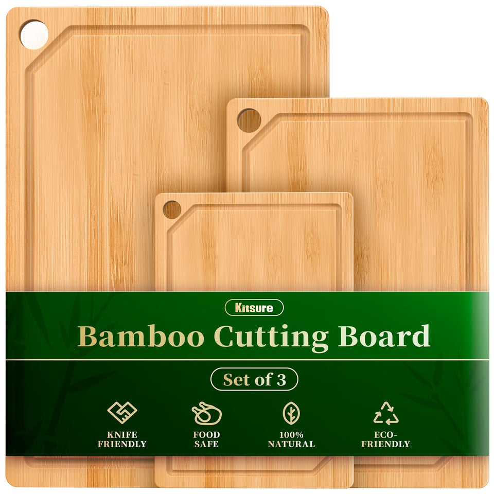 Kitsure 3-piece bamboo cutting board set on counter for organized prep